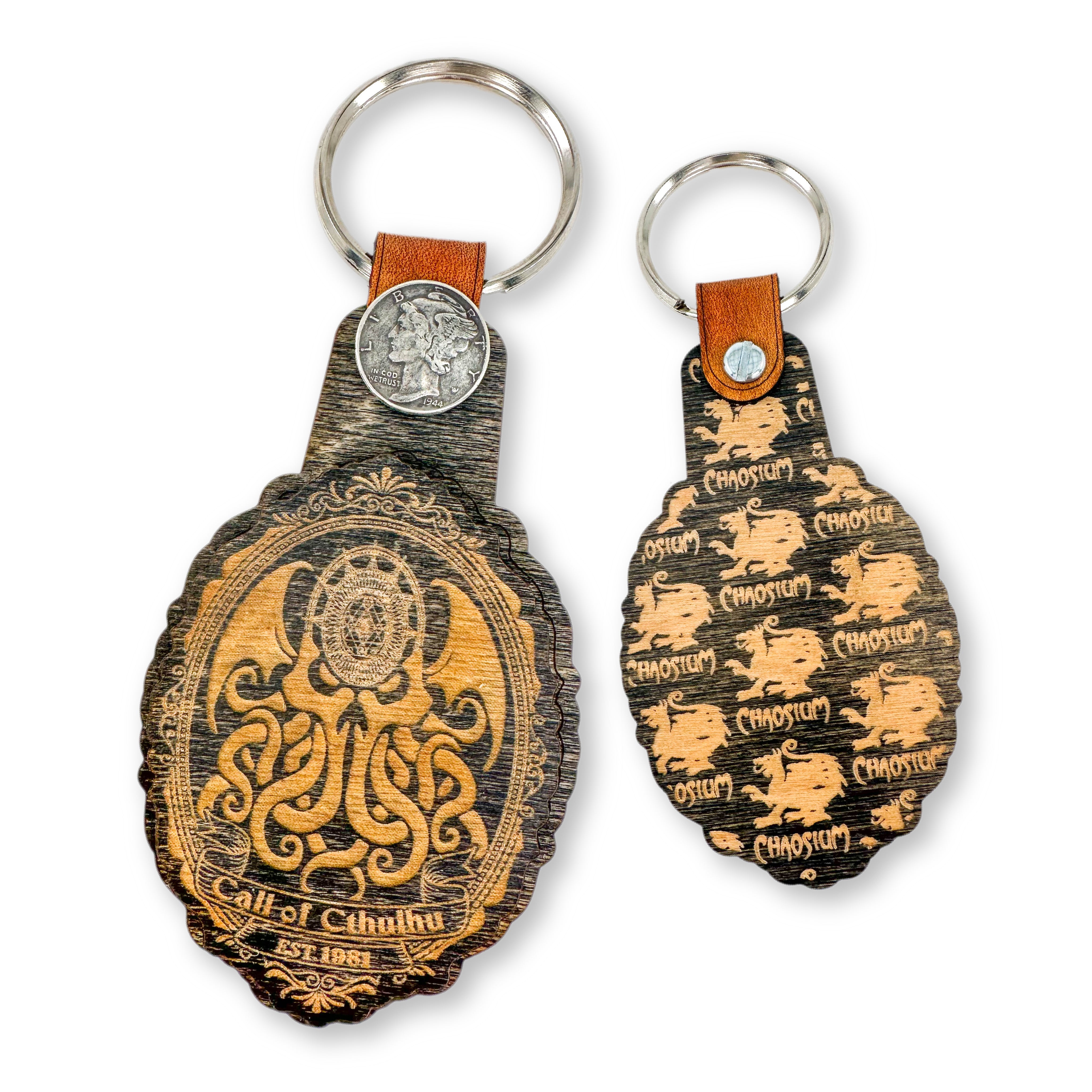 Chaosium Call of Cthulhu Wood Key Chain w/ Liberty Coin Closure